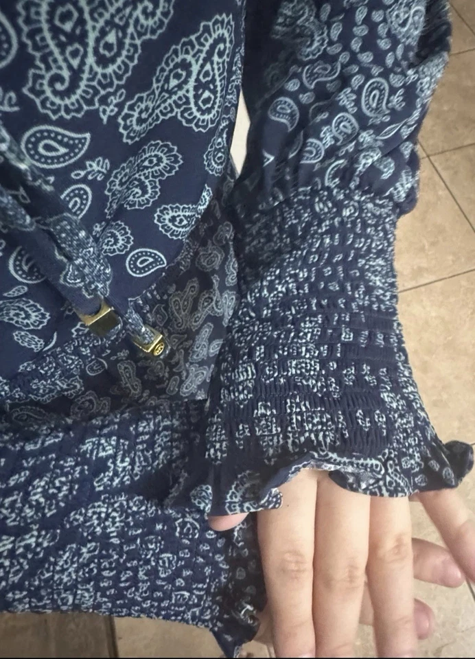 Vestido Michael Kors Boho Paisley Midi Nuevo con Etiquetas - Manga Larga Cuello Atado Azul Marino Talla M Foto 4 de 4