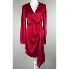ASTR Mini Dress Women Size S Cherry Red Satin Drape Faux Wrap Cocktail Evening