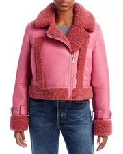 Apparis Jay Rose Faux Leather Teddy Sherpa Trim Pink Moto Jacket NWT Large