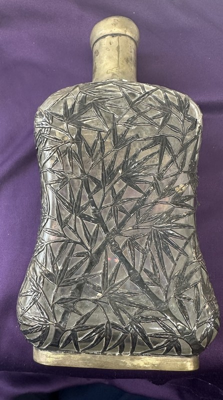 Antique Sterling & Glass Decanter Pinch Bottle In A Bamboo Motif 8” See Photos