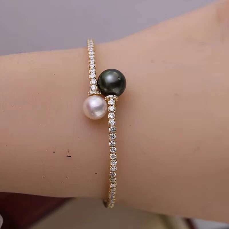 gorgeous 9-10mm south sea round white black green pearl bracelet 7.5-8"(t) - Image 3 of 3