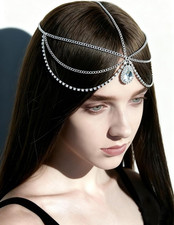 Rhinestones Head Chain for Women Silver Dainty Drop Headpiece Bohemian Layered