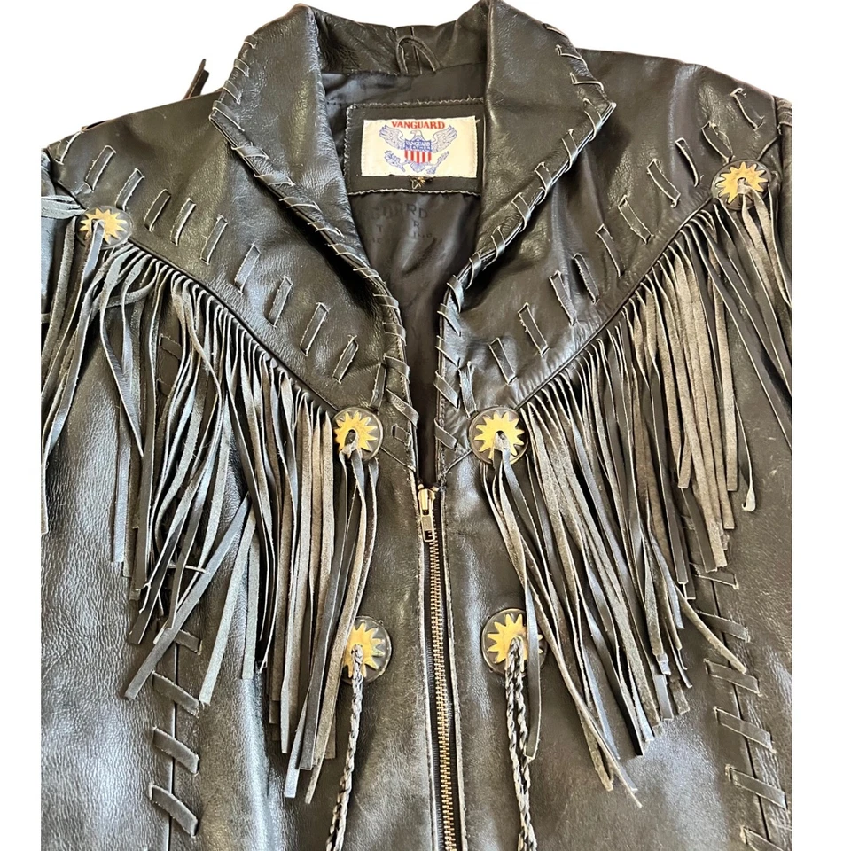 Chaqueta Western Vintage Años 70 - 80 Vanguard Cuero Negro Flecos Motocicleta - S Foto 2 de 4
