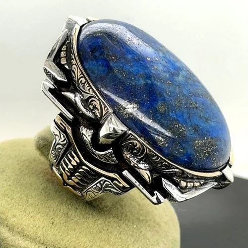925 Silver Natural Large Lapis Lazuli Ring, Handmade Ottoman Style Large Ring