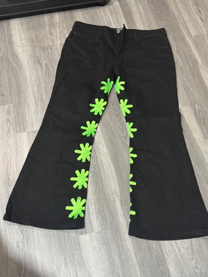 LOSTSHDWS Black Wide Leg Pants Size 38 Neon Flower Appliqué Made USA Rave Y2K