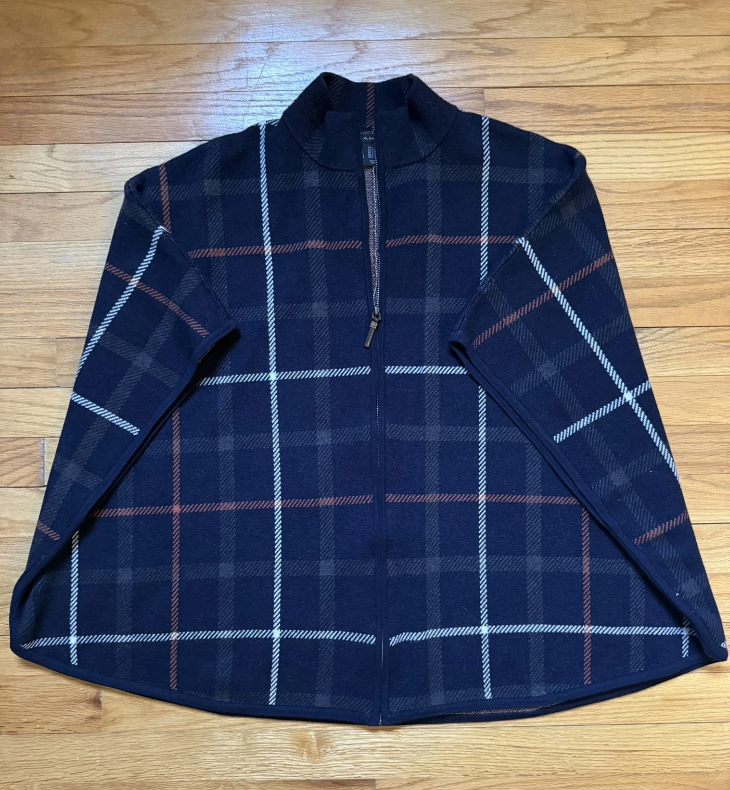 Tahari L/XL Women's Plaid Zip Front Poncho Cape Sweater Knit Navy Multicolor