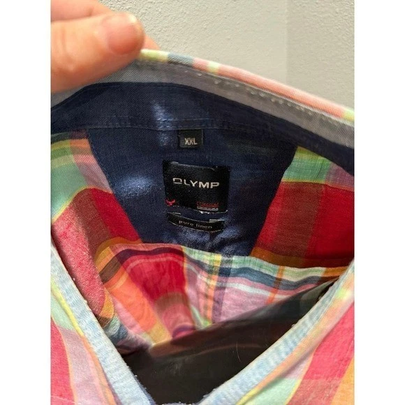 Short Sleeve Button Down Olymp Linen Shirt Plaid XXL Mens - Image 3 of 3
