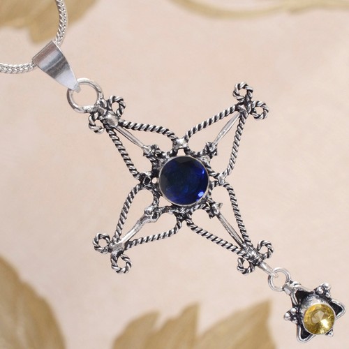 Pendentif Croix En Argent 925 Avec Labradorite Et Topaze Bleue - Fait Main - Neuf