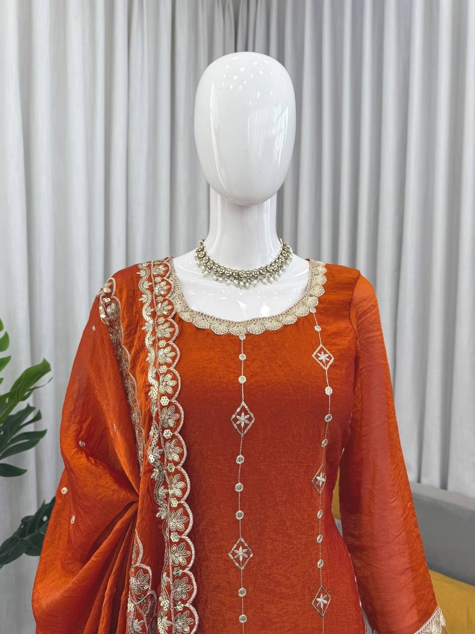 New Stylish Fendy Silk Orange Salwar Kameez With Dupatta For Function Wear thumbnail 3