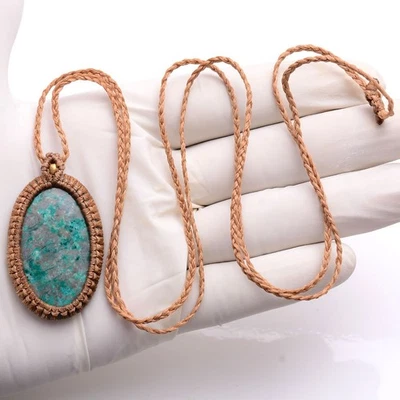 Handgefertigt Natürlich Chrysokoll Cabochon Bohemian Makramee Halskette Heilung - Bild 1 von 4
