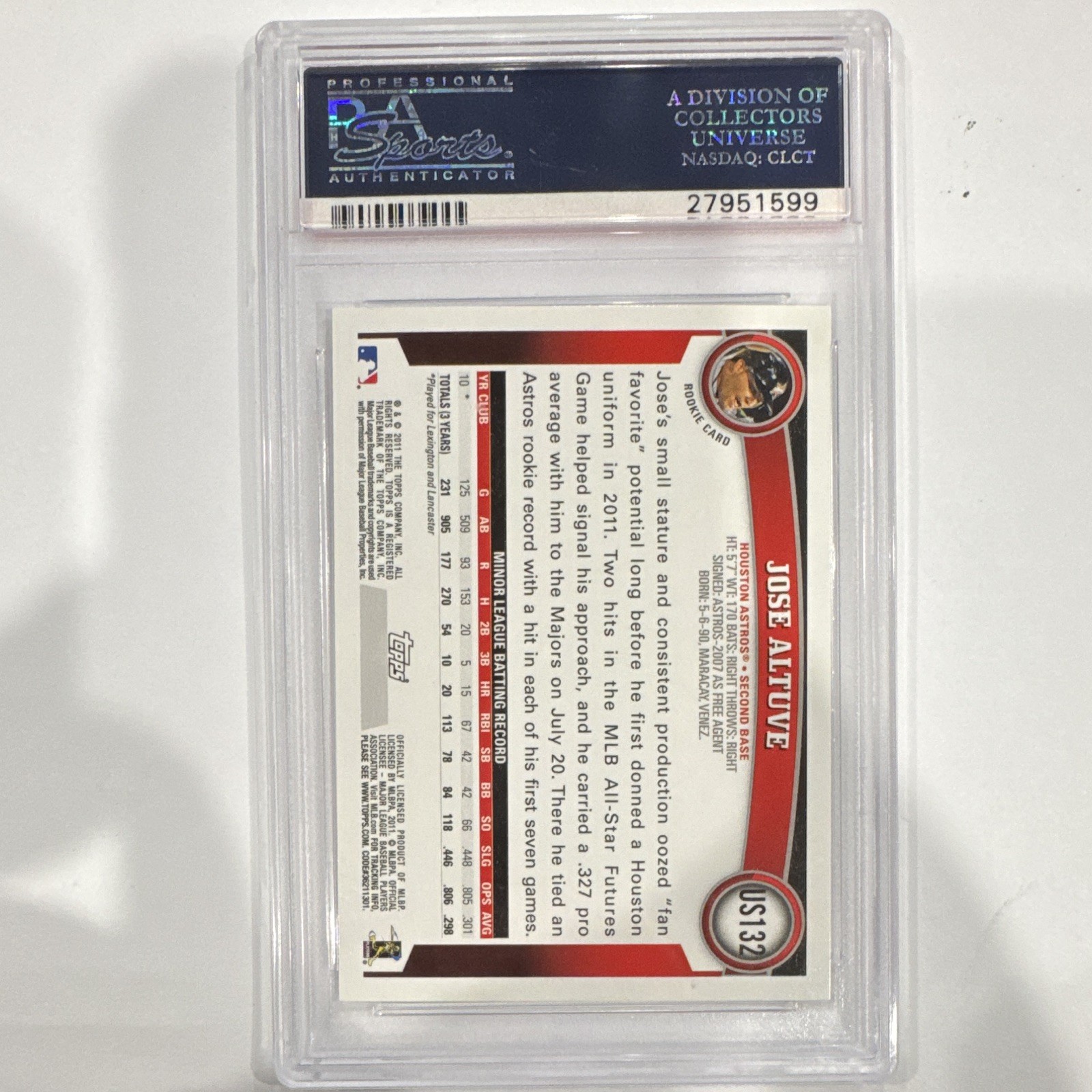 Topps 2011 Update Jose Altuve Houston Astros Rookie #US132 PSA 10 view 2