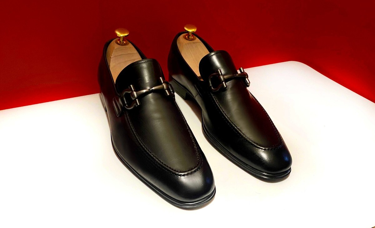 $849.00 !! FERRAGAMO LUXURY MEN BLACK LEATHER SILVER BIT'S LOAFERS