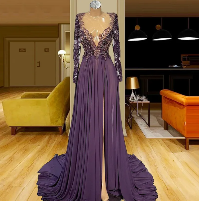 Deep V Neck Prom Dresses Side Split Long Sleeve Evening Dress Beading  Custom | eBay