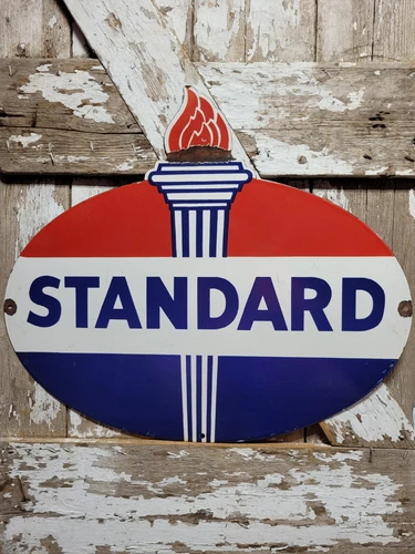 VINTAGE STANDARD PORCELAIN SIGN OLD 30" TORCH MOTOR OIL GAS STATION SERVICE SHOP