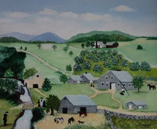 Rare fine unique American landscape painting, signed Grandma Moses, w COA