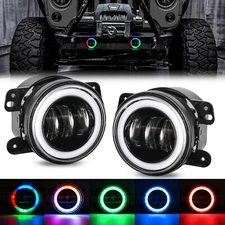 Pair 4" Round LED Fog Lights Driving Lamps RGB Halo for Jeep Wrangler JK TJ LJ