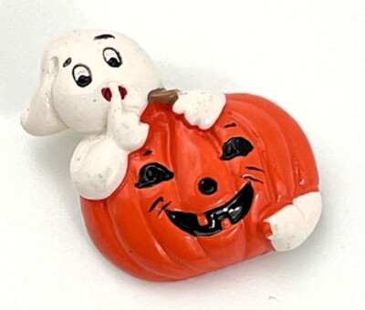 Halloween Pumpkin Ghost Fantasy Anthropomorphic Vtg Button Pin Brooch