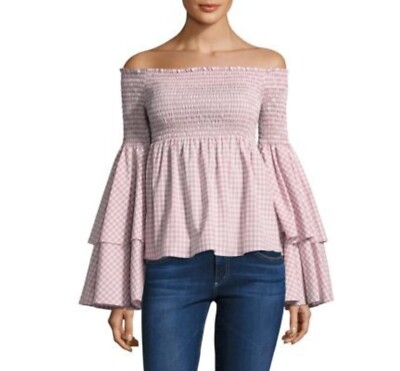 Caroline Constas Appolonia Top Blush Pink Gingham check Off Shoulder smocked S
