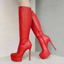Women Knee High Boots Platform Full Zipper Up Round Toe Thin High Heels Boots