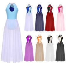 Women's Color Block Long Lyrical Dance Dress Sleeveless Ballet Leotard Dancewear