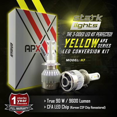 H7 LED Headlight Bulbs Pair 90W 9600LM 3000K Yellow Conversion Kit - Stark