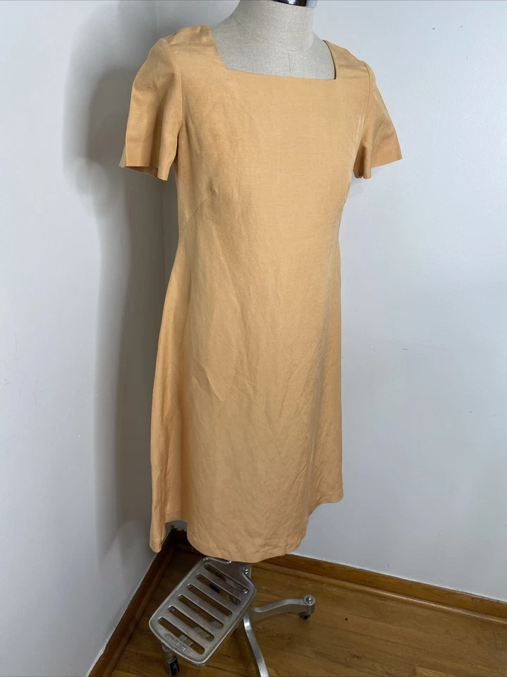 Laura Ashley Dress Sz US 10 UK 14 Silk Linen Peach Short Sleeve Midi Square Neck - Image 3 of 4
