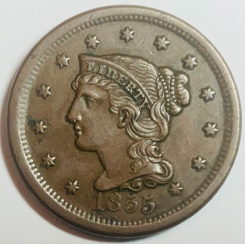 1855 Upright Braided Hair Large Cent - V ery Nice XF Coin - No Reserve