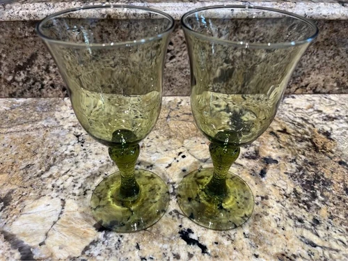 Vintage Libbey Glass Stemware Olive Avocado Green Mid Century Modern Set of 2
