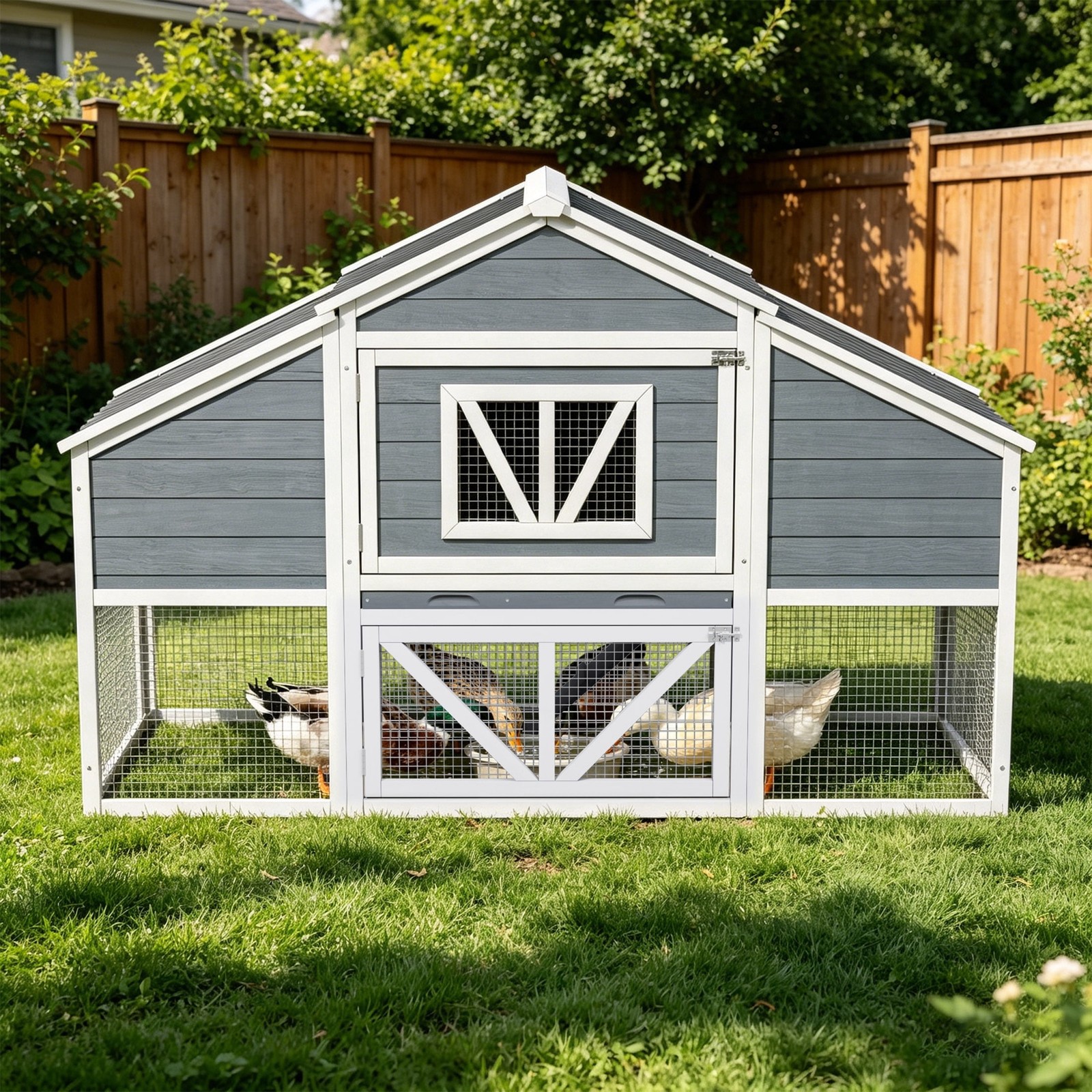 Outdoor 2 Story Duck Coop Predator Proof Duck House for 4-6 Ducks, White & Gray