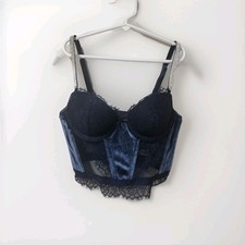 VICTORIAS SECRET VERY LACE AND VELVET SHINE STRAP CORSET TOP NAVY 32B