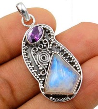 Natural Rainbow Moonstone Amethyst 925 Solid Sterling Silver Pendant B17-6
