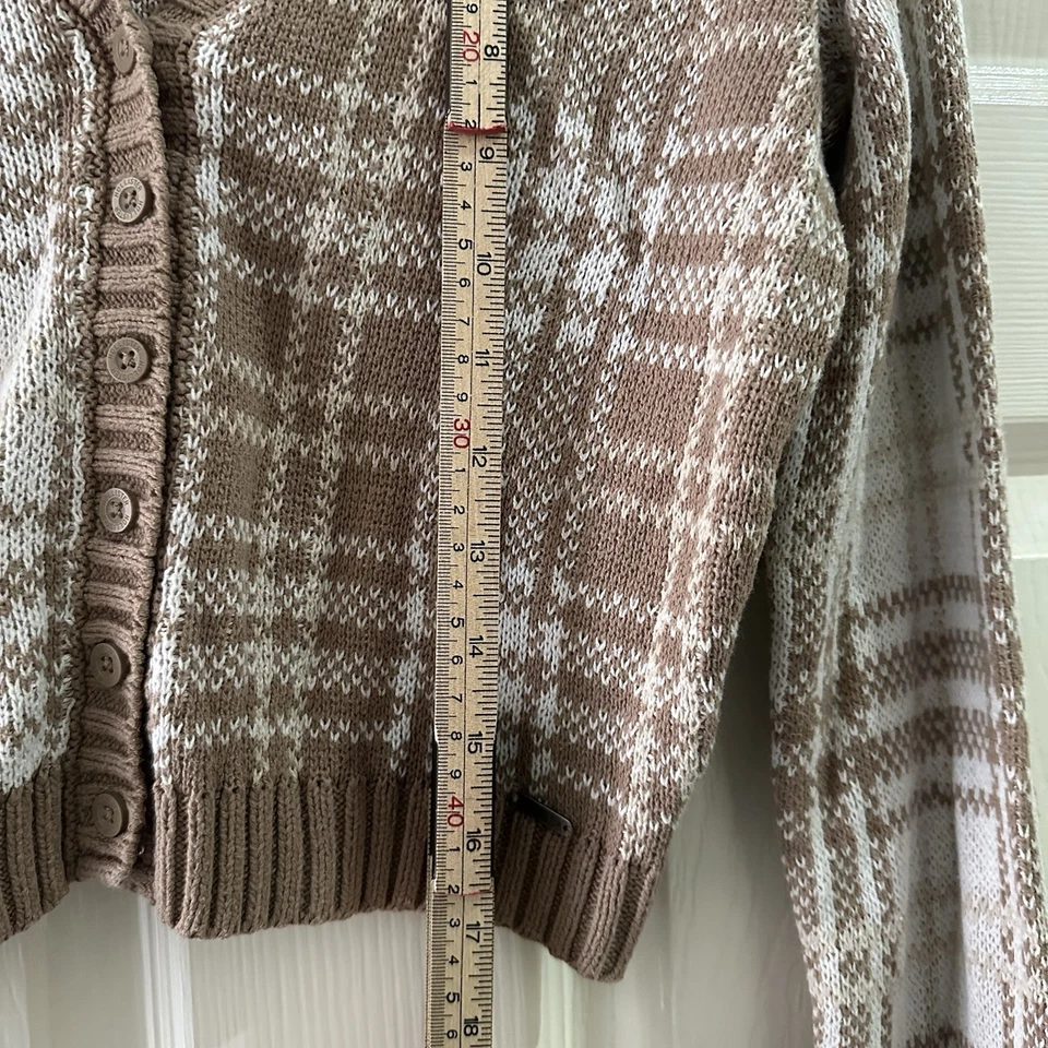 Hollister Brown White Check Cotton Blend Size Small Cropped Cardigan - Image 4 of 4