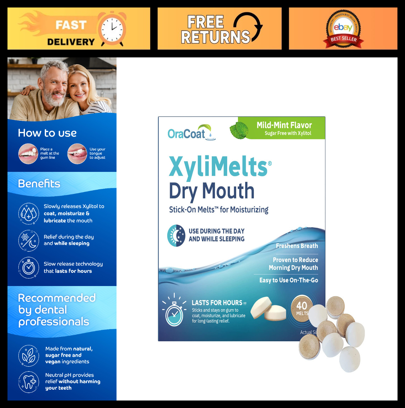 Moisturizing Dry Mouth Discs - Sugar-Free Xylitol, 40 Count, Mild Mint Flavor, 8