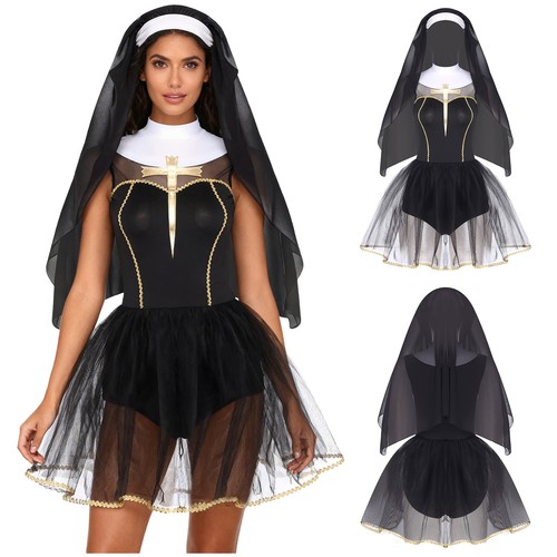 Women's Halloween Nun Cosplay Dress and Wimple Hood for Sister Clergy Dress-up - Bild 13 von 26