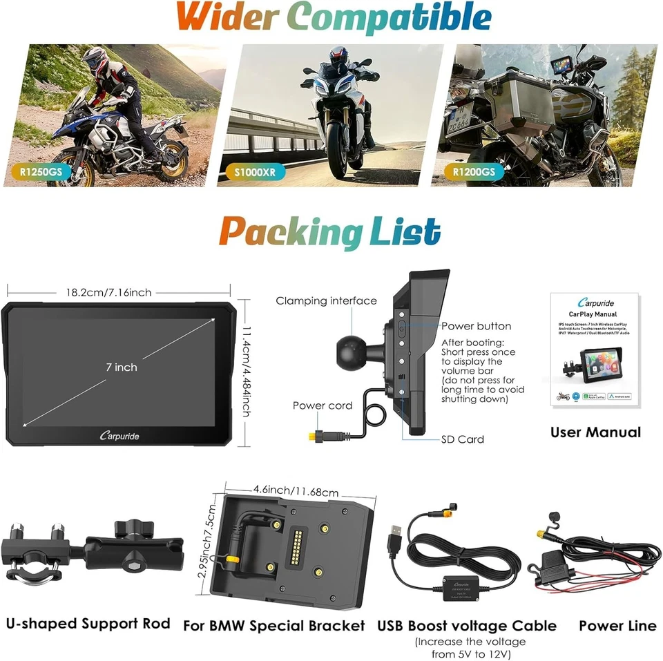 W702B Motorcycle Carplay Screen for BMW R1200GS R1250GS S1000XR Motorcycle, 7 in - Image 3 of 4