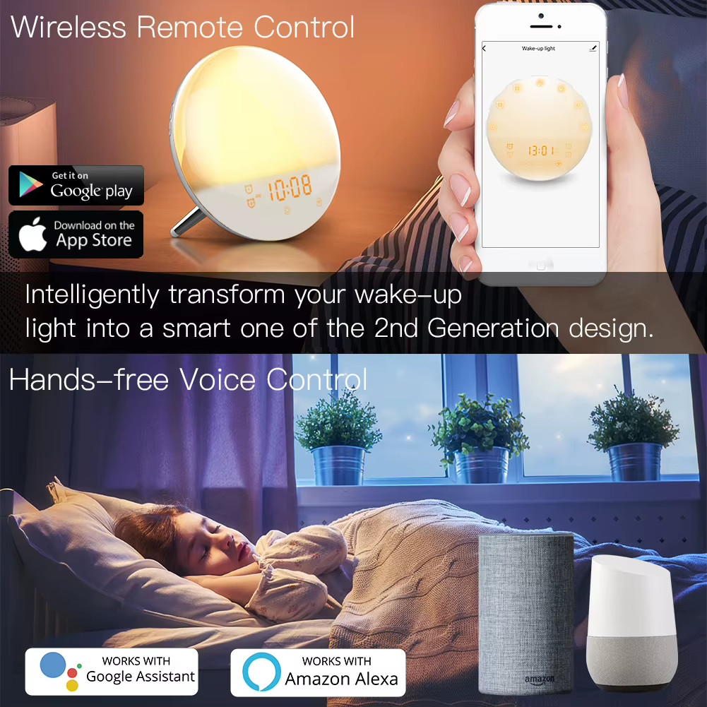 Smart Light Alarm Clock with 7 Colors, WiFi, Tuya APP Control, Alexa Compatible