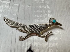 Vintage Signed IZR Native American Sterling Silver Turquoise Roadrunner Brooch