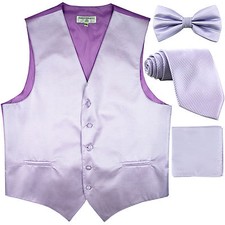 New men's vest waistcoat bow tie neck tie hankie horizontal stripes Lavender