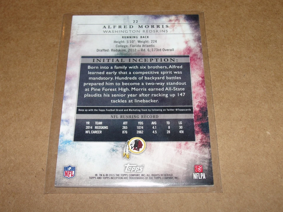 2015 Inception ALFRED MORRIS #22 Orange Variant/50 Washington REDSKINS FAU Owls - Image 2 of 2