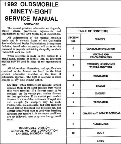 Manuale Di Officina Oldsmobile 98 Del 1992 Libro Di Riparazione OEM - Immagine 2 di 2