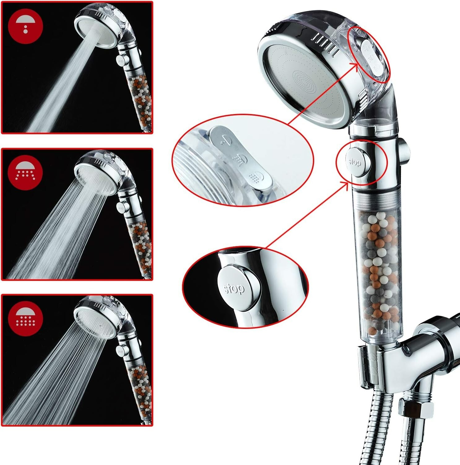 3 Setting High Pressure Shower Envy Shower Head with Beads Water Saving