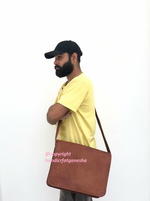 18'' Men's New Leather Vintage Messenger Full Flap Shoulder Laptop Briefcase Bag