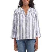 Splendid Ladies' V-Neck Blouse. Loose Fit, Size Large, White Stripe, 85% Rayon.￼