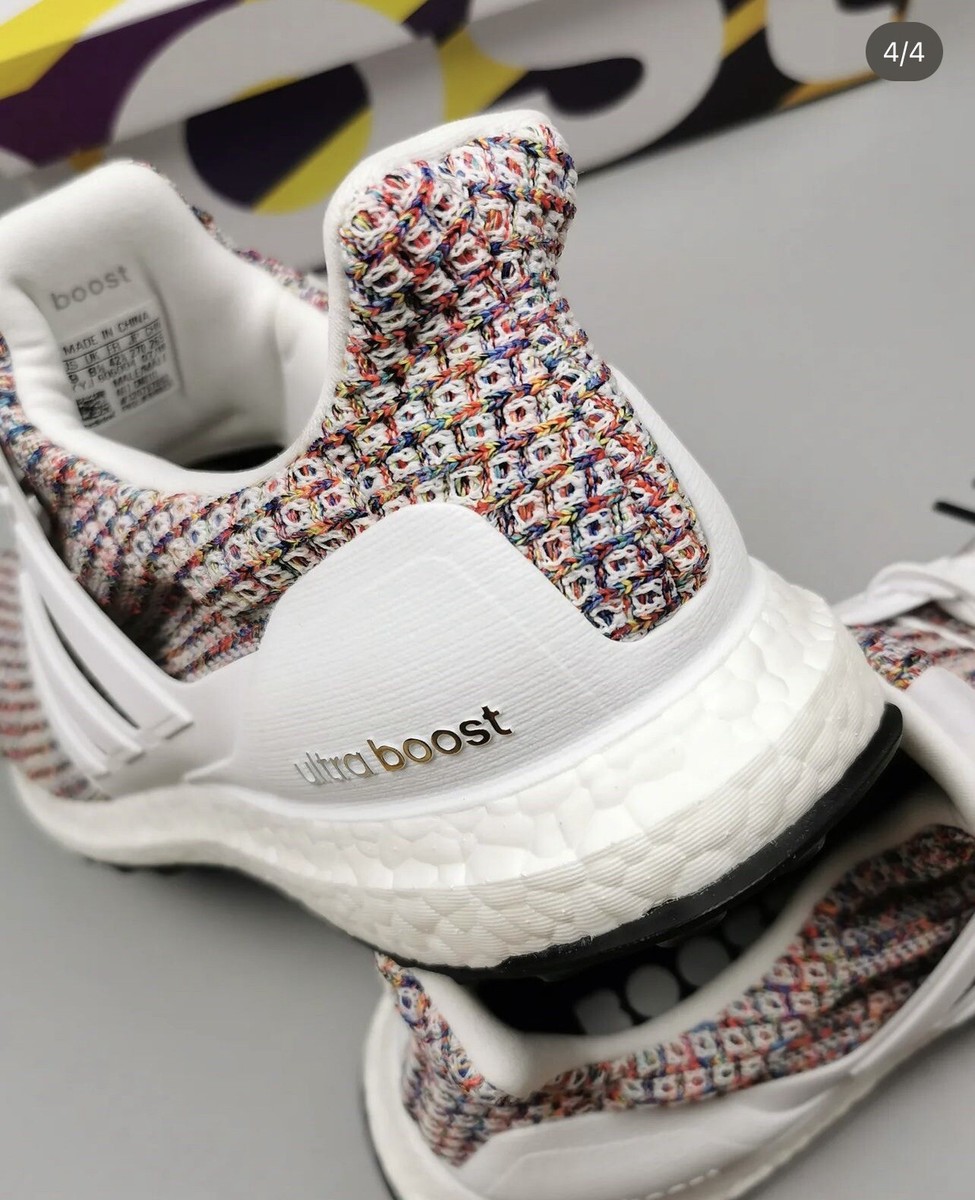 white adidas ultra boost with rainbow