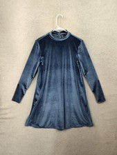Forever 21 Women Dress Medium Blue Poly Blend Long Sleeve Velvet Mock Neck Mini