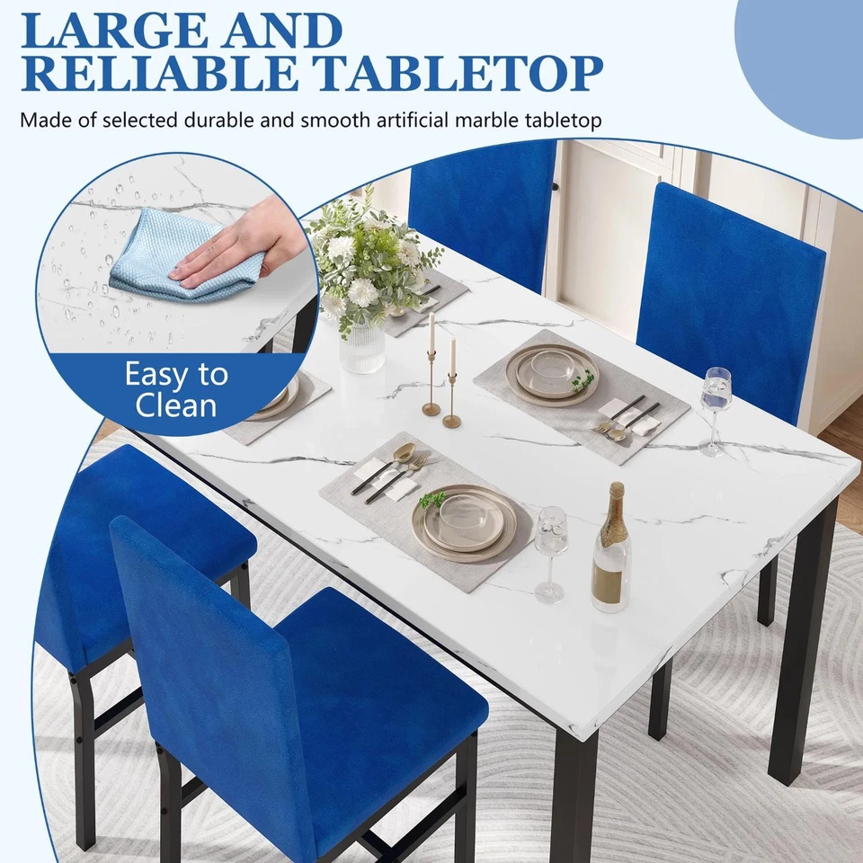 Modern 5 Piece Dining Room Faux Marble Table Set Blue Velvet Upholstered Chairs - Image 2 of 4