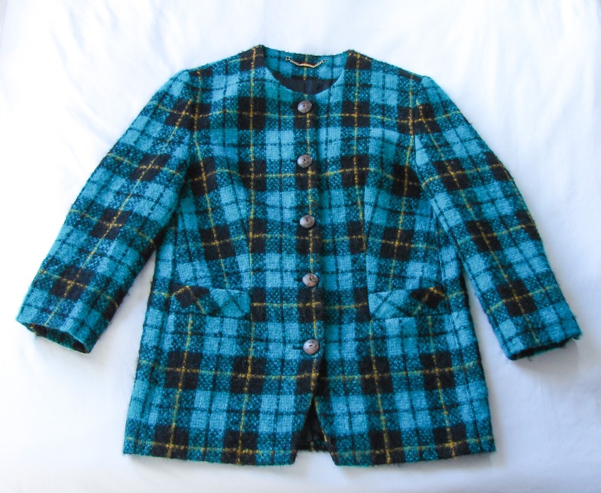 Women's Vintage Givenchy En Plus Plaid Turquoise Fuzzy Wool Blazer