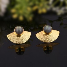 Fan Design Labradorite Stud Earring 925 Silver Gold Plated Handmade Earrings