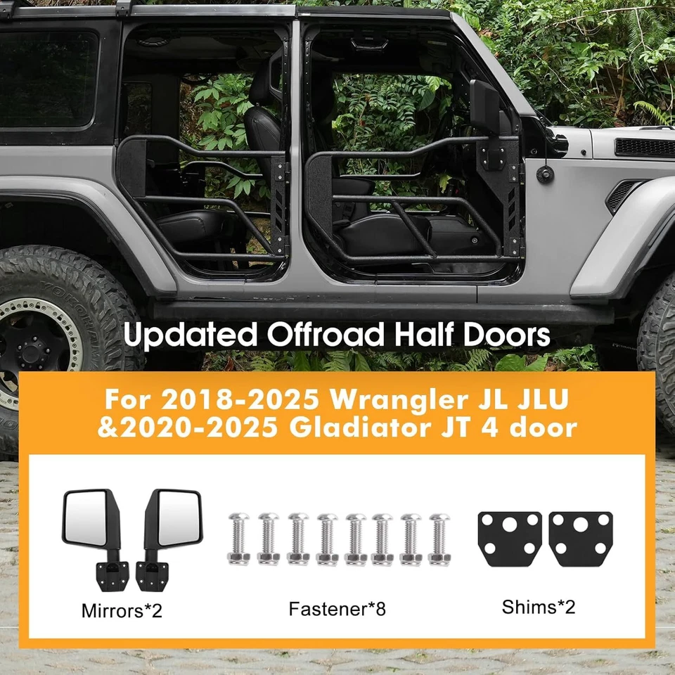 4Pcs Steel Tubular Half Doors + Rear View Mirrors Fit For 18-25 Jeep Wrangler JL - Изображение 2 из 4