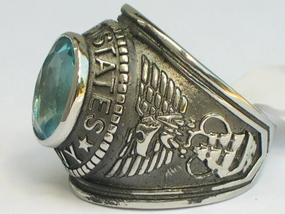 United States Navy Military Aqua March Birthstone Stainless Steel Men Ring 7-14 - Image 4 of 4
